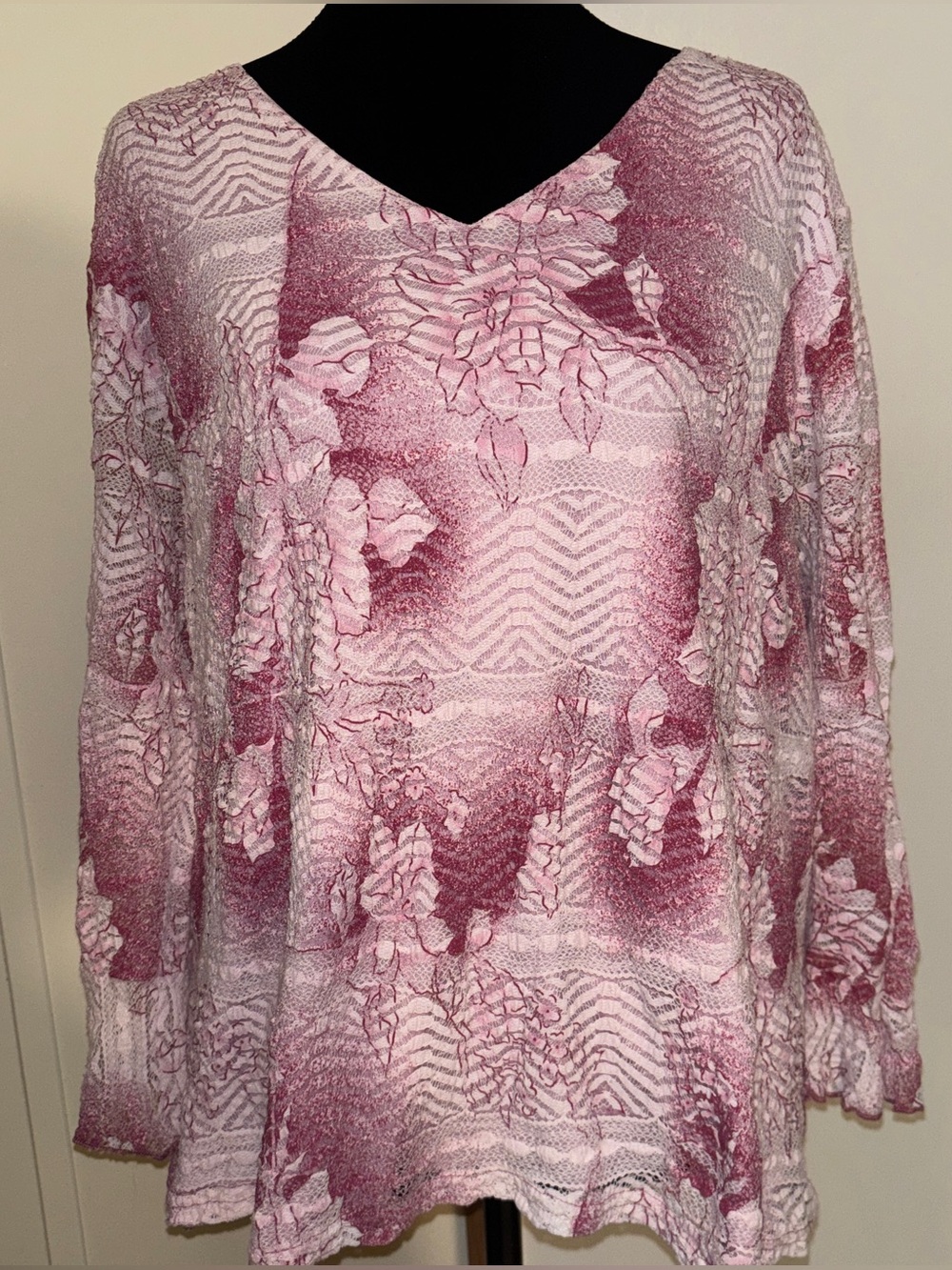 dressbarn Pink Floral V-Neck Long Flared Sleeve Blouse Fairycore Whimsy